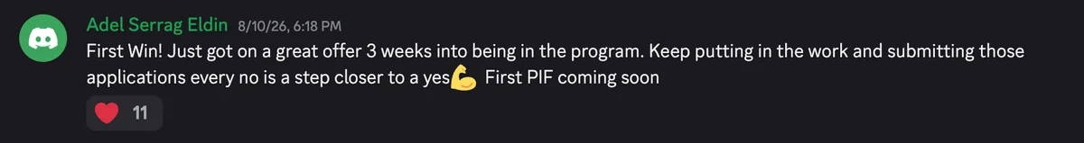 Discord #wins post: first win, just got on an offer