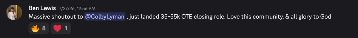Discord #wins post: just landed a 35-55k OTE closing role