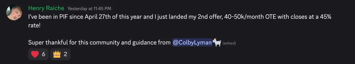 Discord #wins post: landed a 2nd offer at 40-50k a month OTE