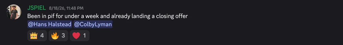 Discord #wins post: been in PIF for under a week