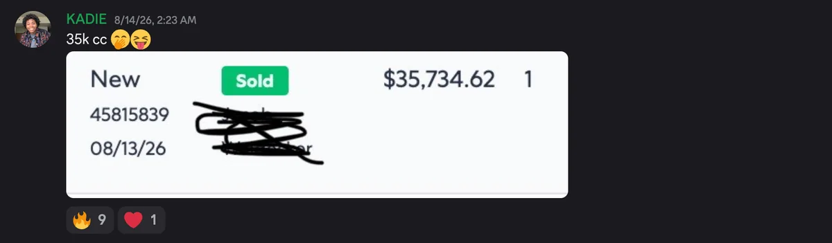 Discord #wins post: 35k cash collected, with the sale receipt attached