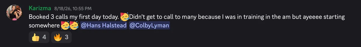 Discord #wins post: booked 3 calls on the first day