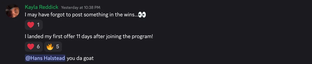 Discord #wins post from Kayla Reddick