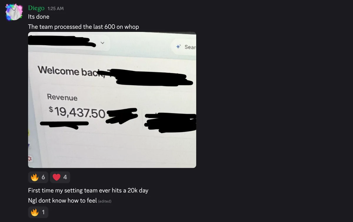 Discord #wins post: the team processed the payment