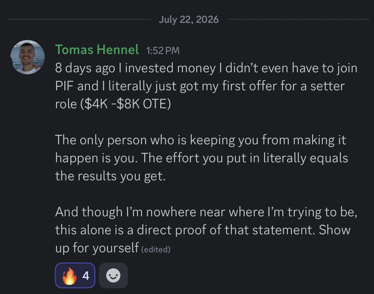Student shares receiving his first setter offer eight days after investing